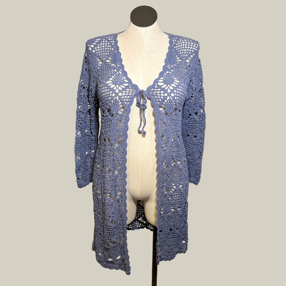 George Dusty Blue Crochet Cardigan Lrg Front Tie Open Weave Boho Coastal Grandma